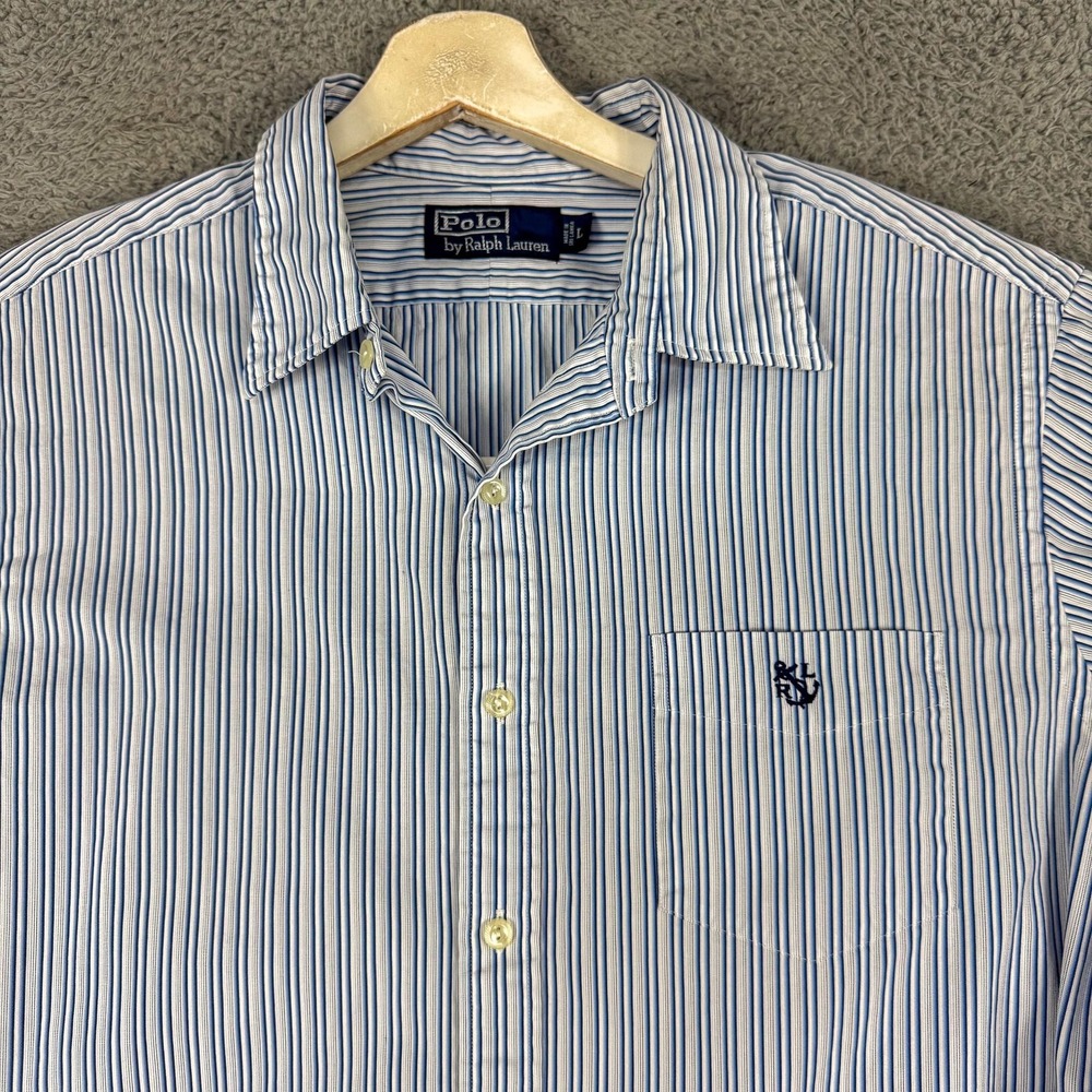 Polo Ralph Lauren Shirt Mens Large Blue Stripe Anchor Nautical Button Down Work - Picture 3 of 12